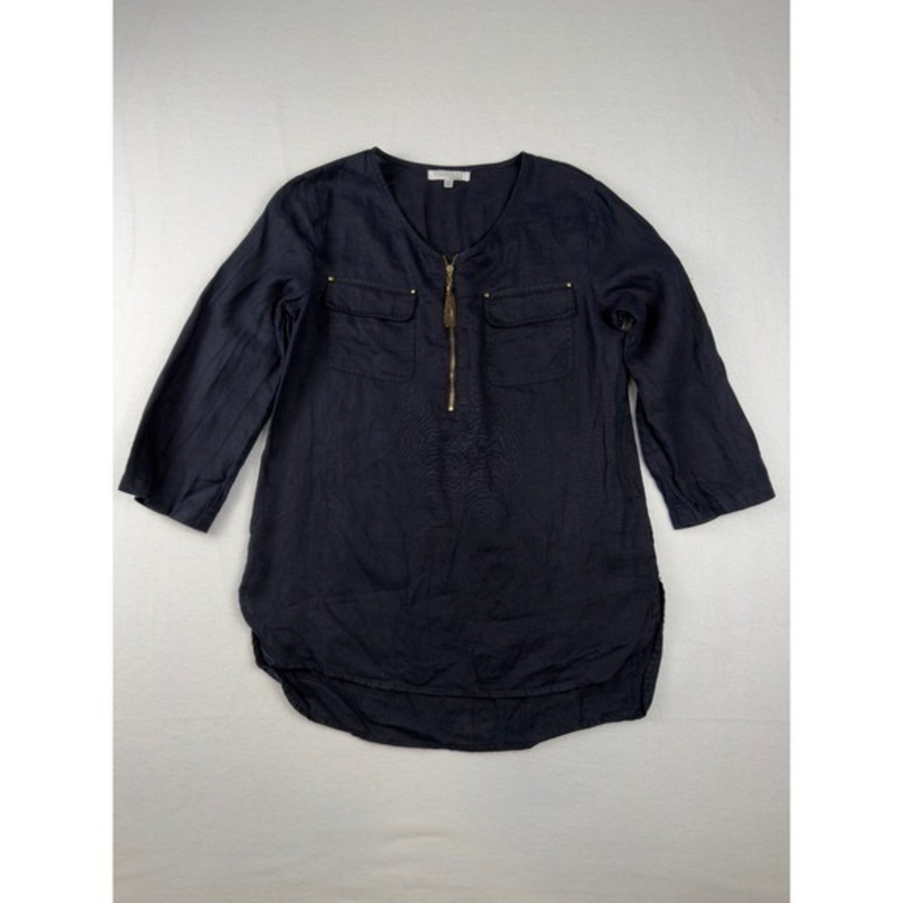 Company Ellen Tracy Navy Blue 100% Linen Zip Front Tunic Top Womens Small